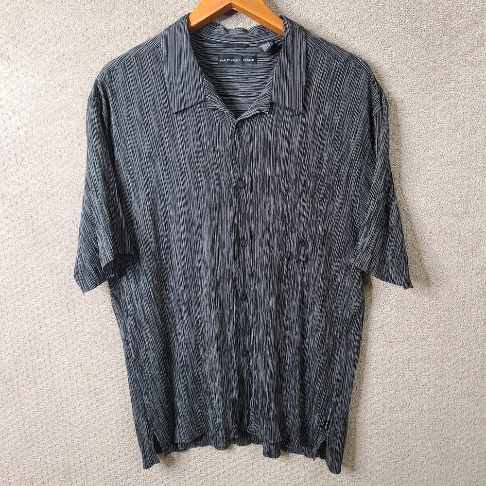 Natural Issue Shirt Mens XL Black Striped Button Down Rayon Short Sleeve Casual